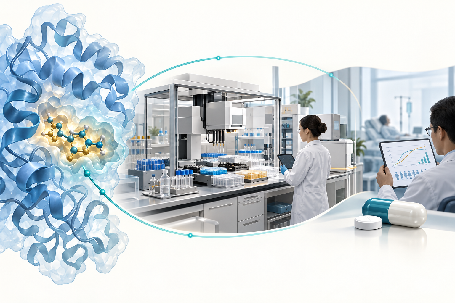 科研流程概念插画：左侧分子与蛋白，中间自动化实验室，右侧临床研究；实验数据反馈到计算设计