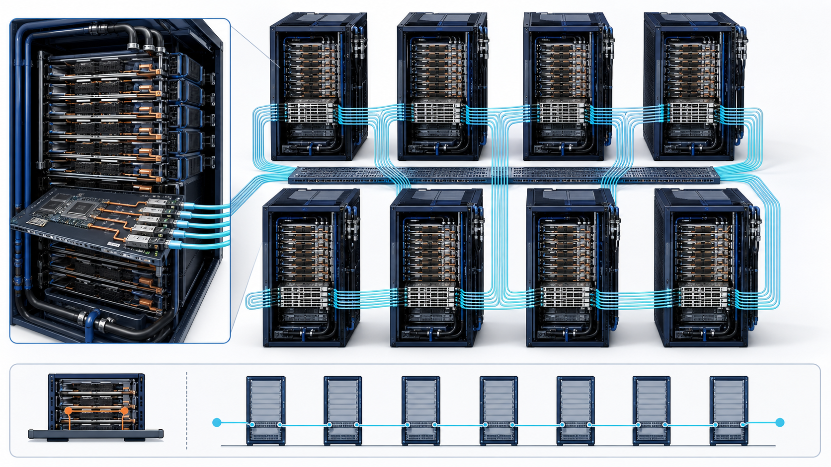 Rubin Ultra NVL576八个72 GPU机架采用机架内短距铜互联和跨机架直接光互联的两层架构示意