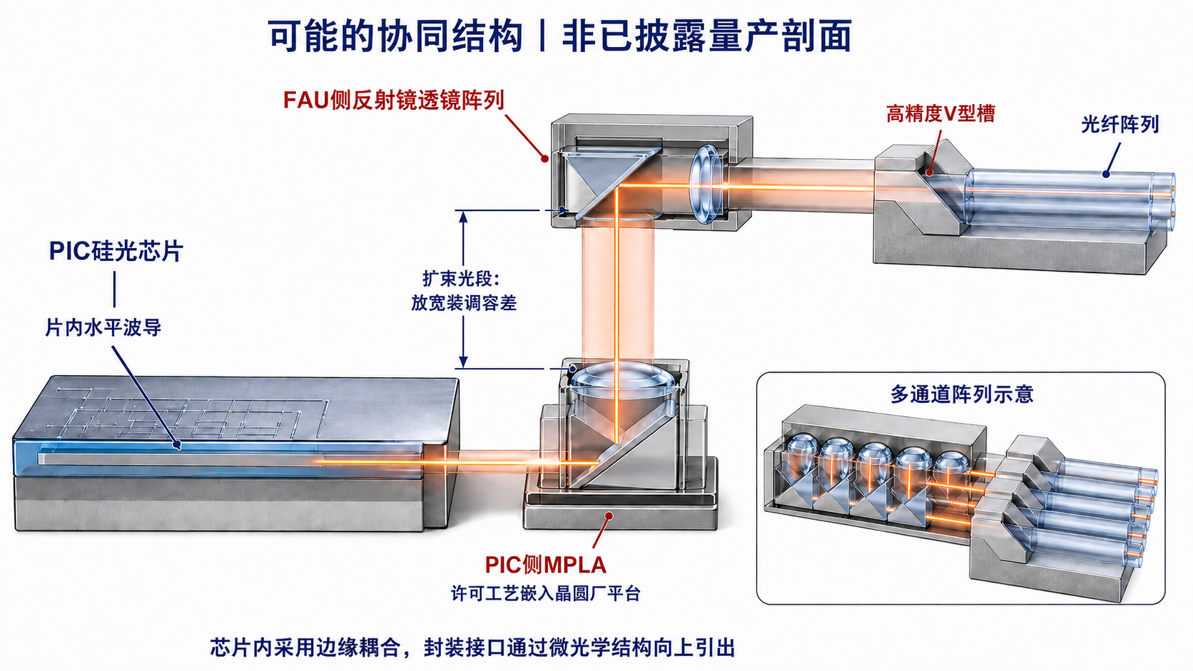 可能的协同结构:PIC水平波导经MPLA向上折转及扩束,再经过FAU侧反射镜透镜阵列转入水平光纤;V型槽保持阵列定位