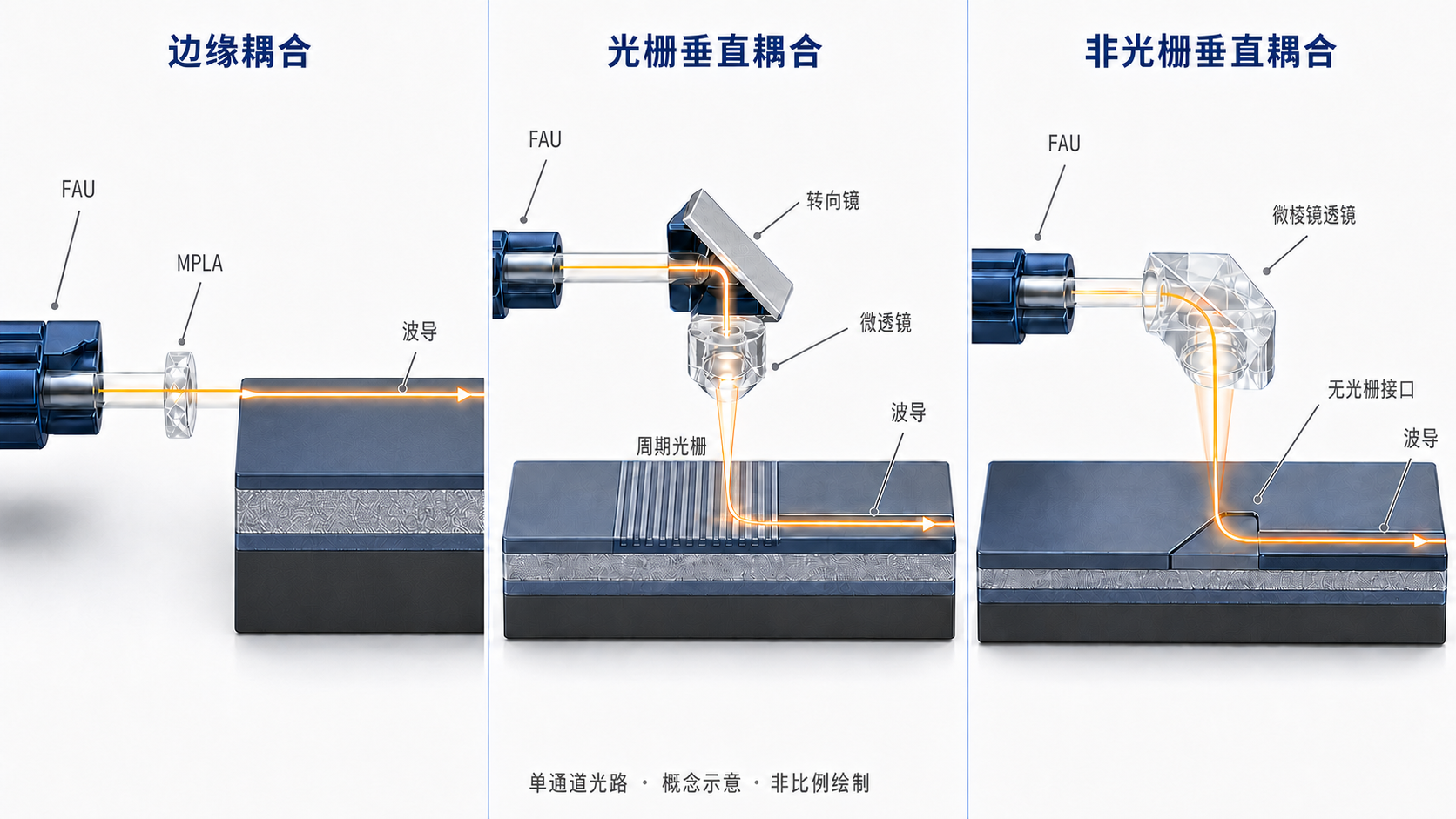 左侧水平FAU经MPLA进入芯片端面;中央水平FAU经转向镜、微透镜与周期光栅进入波导;右侧经微棱镜透镜和非光栅垂直接口进入波导