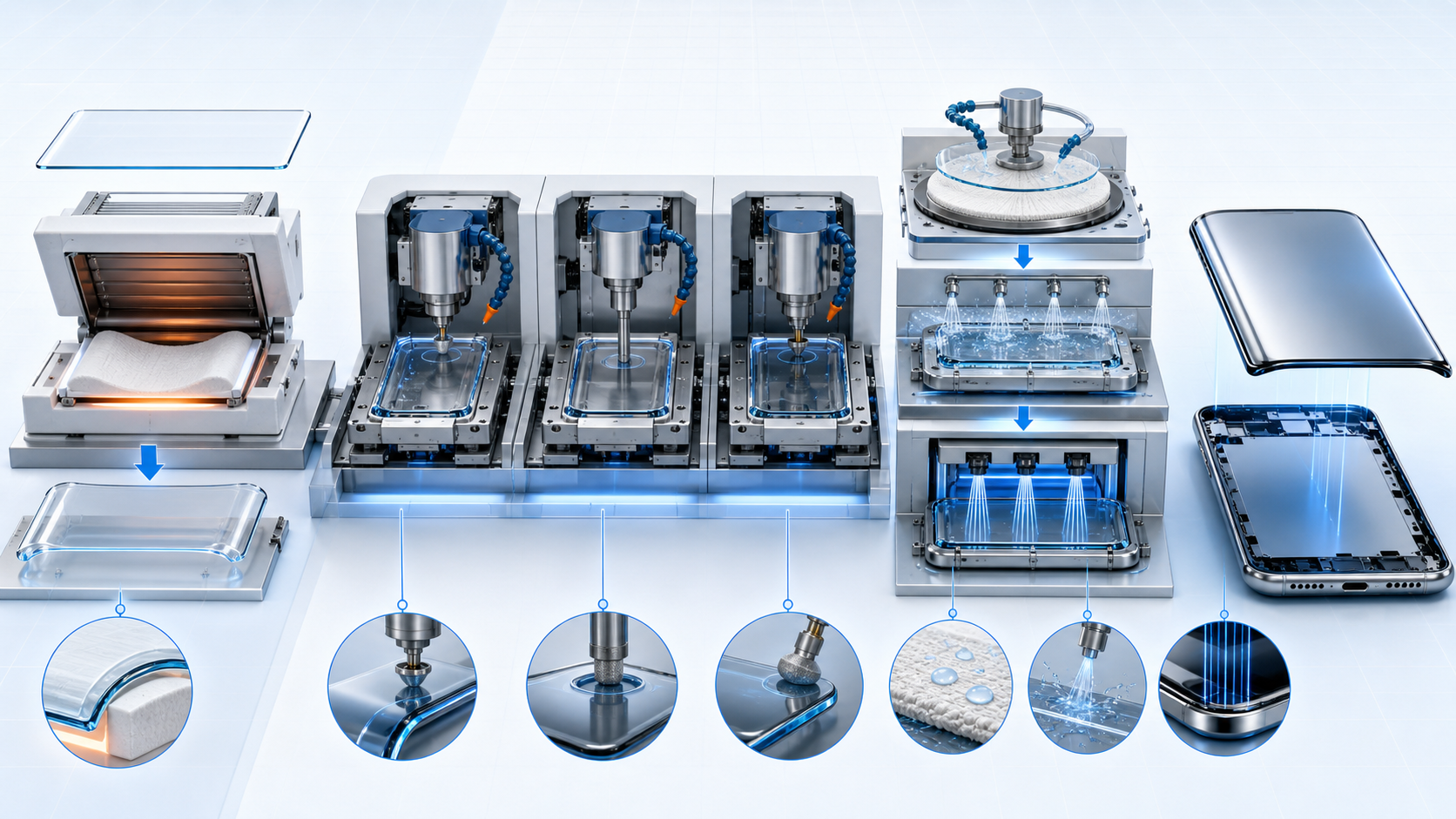 玻璃热弯后进入多段CNC、研磨、抛光、清洗与检测的加工链研究示意